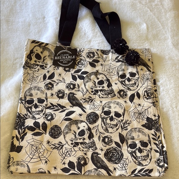 Handbags - Skull Print Reusable Tote Bag - Black and Cream🥀☠️🕸️🕷️